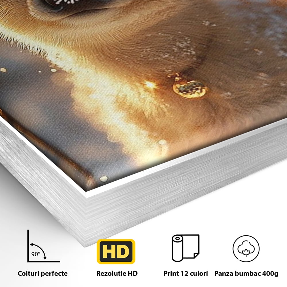 Detaliu al suprafetei: tablou canvas cu pui de caprioara, in rama de aluminiu argintiu